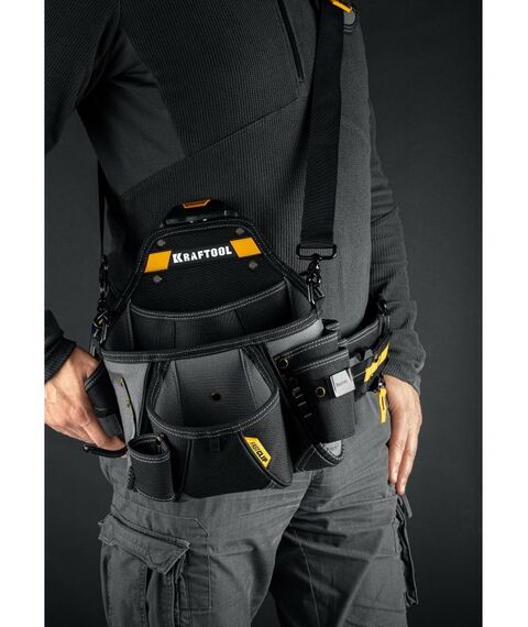 Ящики и сумки для инструмента: Поясная сумка KRAFTOOL KPB-20 с быстросъёмным креплением FastClip, плечевой ремень, 20 карманов и петель, 320 х 310 мм [38767] фотографии