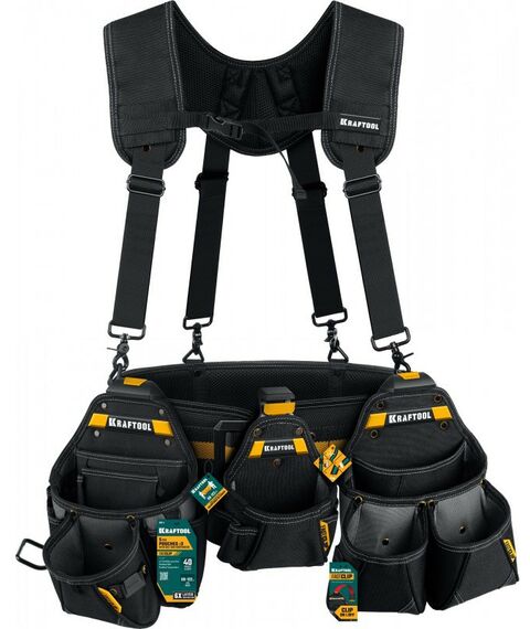 Ящики и сумки для инструмента: Пояс монтажника KRAFTOOL KBS-5 в комплекте: пояс монтажника, подтяжки и 3 сумки [38760-5] фотографии