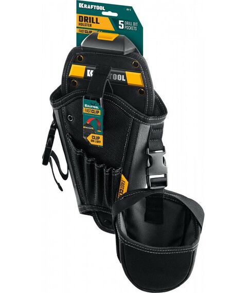 Ящики и сумки для инструмента: Кобура для шуруповерта KRAFTOOL KH-5 с дополнительным съёмным карманом, с быстросъёмным креплением FastClip, 5 отделений для свёрл и бит [38769] фотографии