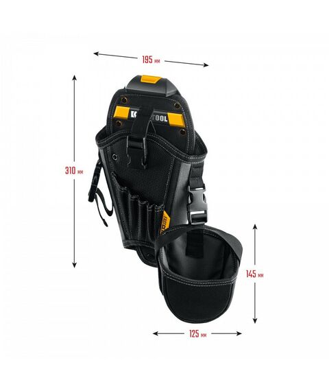 Ящики и сумки для инструмента: Кобура для шуруповерта KRAFTOOL KH-5 с дополнительным съёмным карманом, с быстросъёмным креплением FastClip, 5 отделений для свёрл и бит [38769] фотографии
