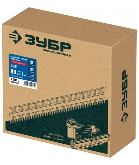Гвозди прямого монтажа: Реечные гвозди рифленые оцинкованные Зубр SN21 80 х 3.1 мм 2000 шт [305396-80] фотографии
