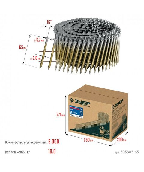 Гвозди прямого монтажа: Барабанные гвозди рифленые оцинкованные Зубр CNW 65 х 2.8 мм 6000 шт [305383-65] фотографии