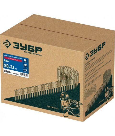 Гвозди прямого монтажа: Барабанные гвозди рифленые оцинкованные Зубр CNW 90 х 3.1 мм 3600 шт [305383-90] фотографии
