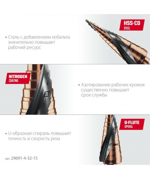 Сверло ступенчатое KRAFTOOL COBALT 4-32мм 15 ступеней, азотирование, винтовая спираль [29691-4-32-15] фотографии