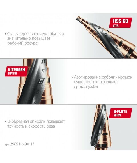 сверло ступенчатое KRAFTOOL COBALT 6-30мм 13 ступеней, азотирование, винтовая спираль [29691-6-30-13] фотографии