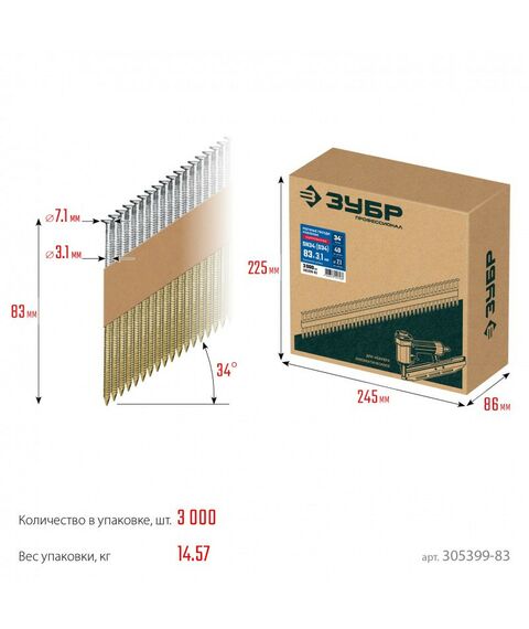 Реечные гвозди рифленые Зубр SN34 (D34) 83 х 3.1 мм оцинкованные, 3000 шт [305399-83] фотографии