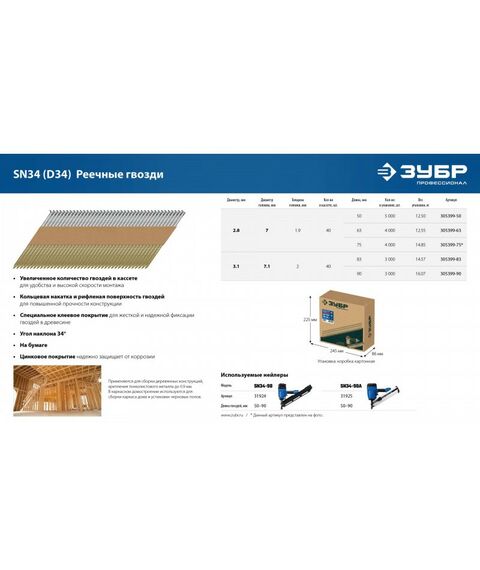 Реечные гвозди рифленые Зубр SN34 (D34) 90 х 3.1 мм оцинкованные, 3000 шт [305399-90] фотографии