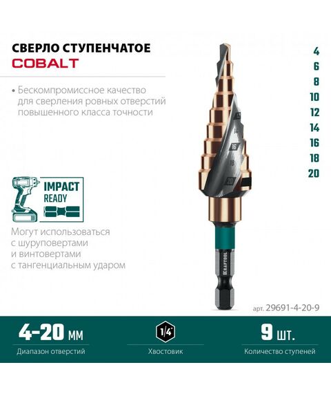 Сверло ступенчатое KRAFTOOL COBALT 4-20мм 9 ступеней, азотирование, винтовая спираль [29691-4-20-9] фотографии