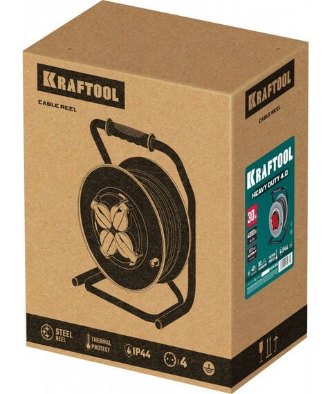 Силовой удлинитель на стальной катушке KRAFTOOL HEAVY DUTY КГ 3х2.5 30м 4000Вт IP44 [55086-30_z01] фотографии