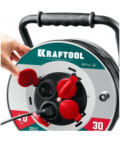Силовой удлинитель на стальной катушке KRAFTOOL HEAVY DUTY КГ 3х2.5 30м 4000Вт IP44 [55086-30_z01] фотографии