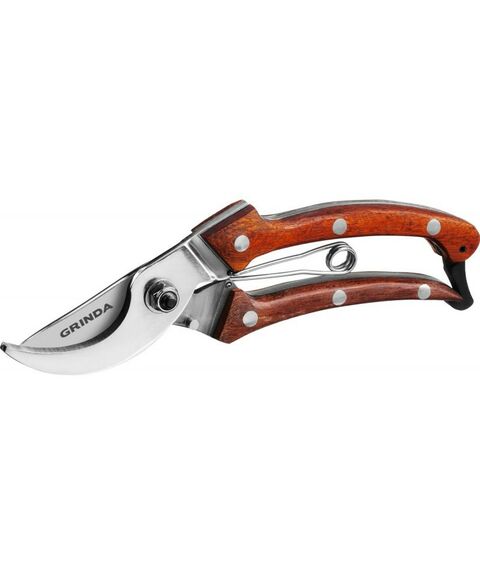 Цельнокованый компактный плоскостной секатор GRINDA PROLine P-17 195 мм, из нержавеющей стали, с деревянными рукоятками [423417] фотографии