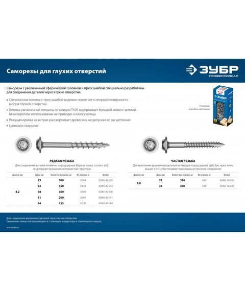 Саморез для глухих отверстий Зубр Профессионал 25 х 4.2 мм редкая резьба, ТХ20, цинк, 500 шт [30081-42-025] фотографии