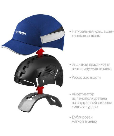 Защитная каскетка Зубр Профессионал БИНОМ синяя, ударопрочный корпус, укороченный козырёк 55 мм, размер от 54 до 59 см [11095] фотографии