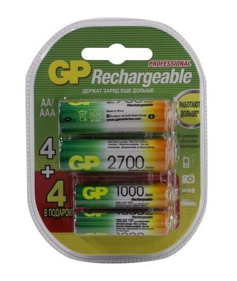 Батарейки и аккумуляторы: Аккумулятор GP 270AA/100AAAHCFR-2CR8 1.2V, 2600+950mAh, NiMh, Size AA+AAA, уп. 8 шт фотографии