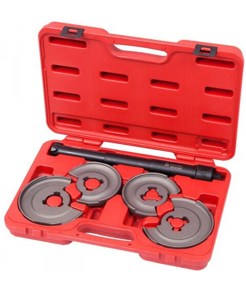 Демонтажный инструмент: Стяжка амортизаторных пружин МАСТАК 100-01005C центральная, кованая, дисковые держатели, кейс, 5 предметов фотографии