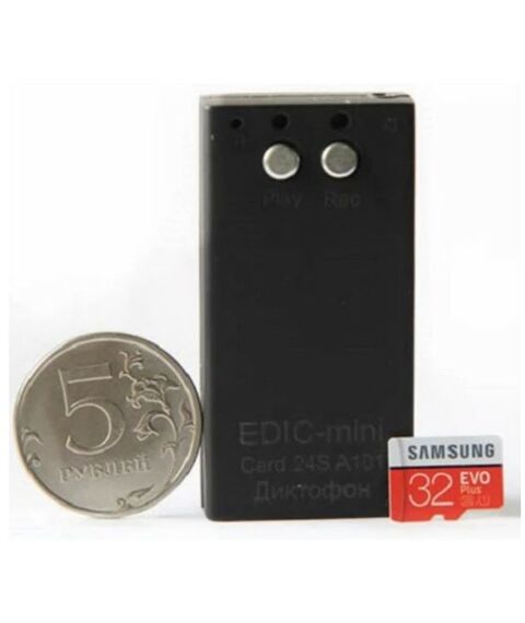 Цифровые диктофоны: Цифровой диктофон Edic-mini Card24S А101 Металл, размер 11*25*55мм, вес 30г, автономность до 100ч, аккумулятор, без OLED индикатора фотографии