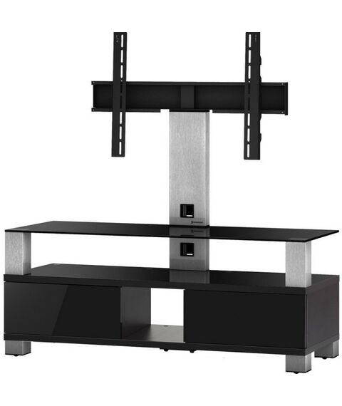 Тумбы и стойки для телевизоров: Стойка под телевизор Sonorous LB 1123-INX-BLK 3 полки, 2 выдвижных ящика,  крепеж для ТВ - max нагрузка 40кг, угол поворота 35o, 1300х1200х390мм (ВхШхГ),  черное стекло /  ножки стального цвета/ черные ящики фотографии