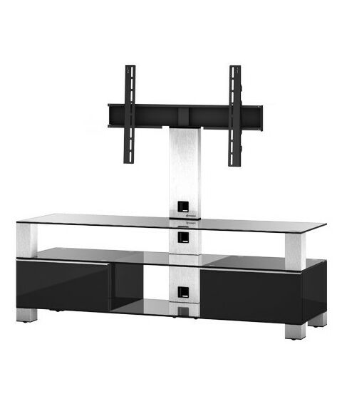 Тумбы и стойки для телевизоров: Стойка под телевизор Sonorous MD 8143-C-INX-BLK max ТВ 50кг,  1300х1400х440мм (ВхШхГ),   прозрачное стекло /  ножки стального цвета/ черные ящики фотографии