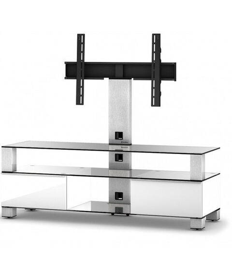 Тумбы и стойки для телевизоров: Стойка под телевизор Sonorous MD 8143-C-INX-WHT max ТВ 50кг,,  1300х1400х440мм (ВхШхГ),   прозрачное стекло /  ножки стального цвета/ белые ящики фотографии