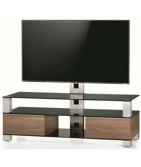 Тумбы и стойки для телевизоров: Стойка под телевизор Sonorous MD 8143-C-INX-WNT max ТВ 50кг, 1300х1400х440мм (ВхШхГ),   прозрачное стекло /  ножки стального цвета/ орех ящики фотографии