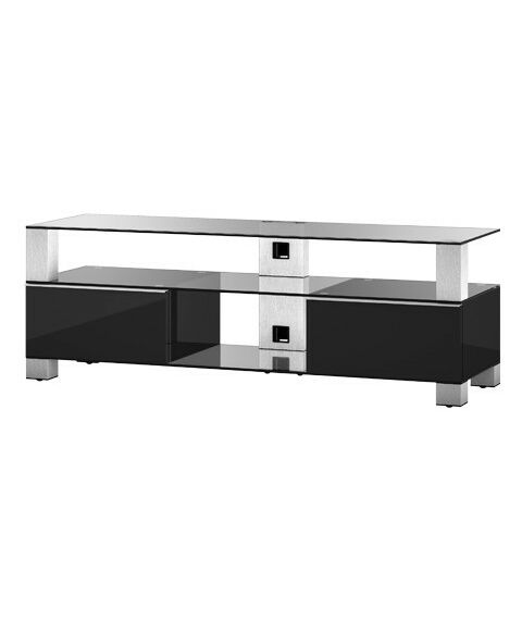 Тумбы и стойки для телевизоров: Стойка под телевизор Sonorous MD 9140-C-INX-BLK max нагрузка 80кг, 490х1400х440мм (ВхШхГ),   прозрачное стекло /  ножки стального цвета/ черные ящики фотографии