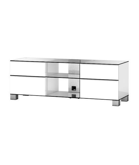 Тумбы и стойки для телевизоров: Стойка под телевизор Sonorous MD 9340-C-INX-WHT 3 полки, 4  ящика, max нагрузка 80кг,   490х1400х440мм (ВхШхГ),   прозрачное стекло /  ножки стального цвета/ белые ящики фотографии