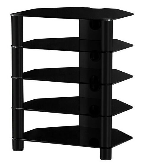 Тумбы и стойки для телевизоров: Стойка под телевизор Sonorous RX 2150-B-HBLK 5 полок, max нагрузка 40 кг на каждую полку, 750х600х500мм (ВхШхГ), черное стекло / серебристые ножки фотографии