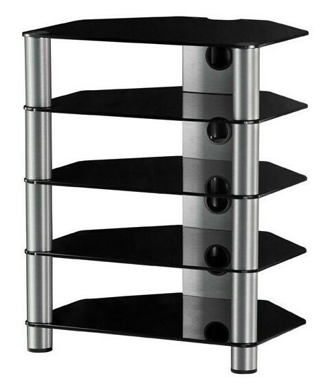 Тумбы и стойки для телевизоров: Стойка под телевизор Sonorous RX 2150-B-SLV 5 полок, max нагрузка 40 кг на каждую полку, 750х600х500мм (ВхШхГ), черное стекло / серебристые ножки фотографии