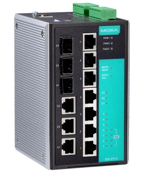 Коммутаторы, маршрутизаторы, межсетевые экраны: Промышленный 10-портовый управляемый коммутатор MOXA EDS-P510-T 7 x 10/100BaseTX, 3 x Combo Gigabit с функцией Power Over Ethernet [EDS-P510-T] фотографии