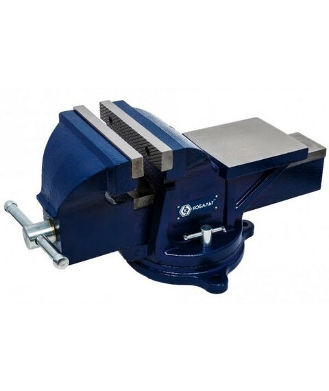 Тиски, струбцины, наковальни: Тиски слесарные Кобальт 245-985 поворотные, ширина губок 125 мм, захват 130 мм, 13 кг, наковальня, коробка фотографии