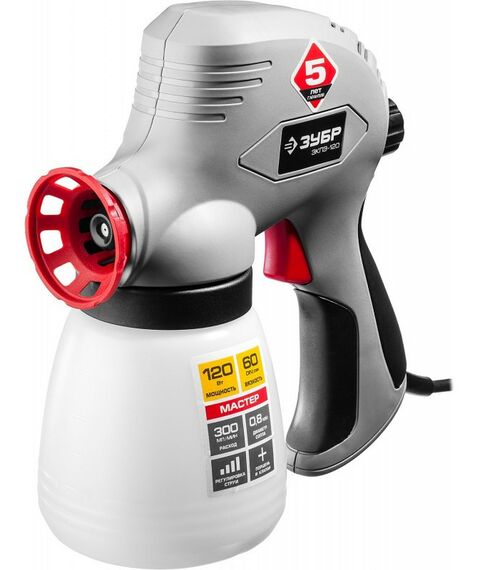 Распылители, краскопульты: Краскопульт (краскораспылитель) электрический Зубр ЗКПЭ-120 краскоперенос 300 мл/мин, вязкость краски 60 DIN, 0.8л, 120Вт фотографии