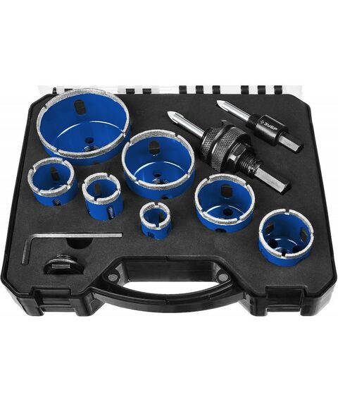 Наборы оснастки: Набор коронок алмазных с оснасткой Зубр Профессионал 29870-H7_z01 D=20, 25, 32, 35, 40, 50, 68 мм, 7 коронок фотографии