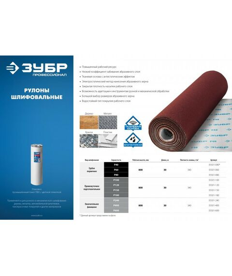 Шлифовка, зачистка: Рулон шлифовальный Зубр Профессионал Р400, 800 мм на тканевой основе, водостойкий, 30 м [35501-400] фотографии