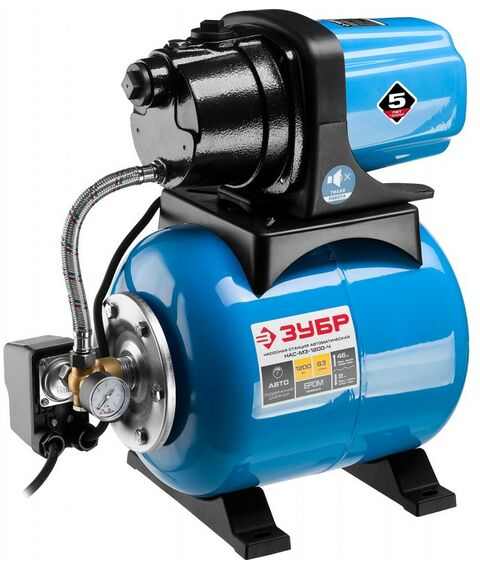 Насосы и насосные станции: Станция насосная автоматическая Зубр Мастер НАС-М3-1200-Ч 1200 Вт, пропускная способность 63 л/мин, напор 46 м, бак 20 л, корпус из чугуна фотографии