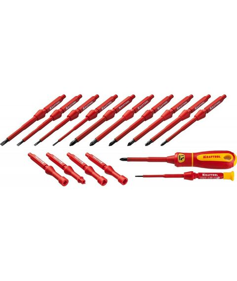 Наборы инструментов и ключи: Набор KRAFTOOL Х-Drive ELECTRO высоковольтные отвертки, сменные стержни, ключи специальные, до 1000В, 18 предметов [220092-H18] фотографии