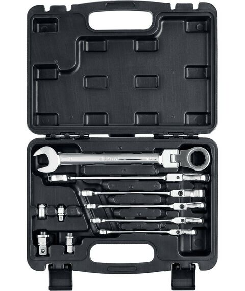 Наборы инструментов и ключи: Набор комбинированных гаечных ключей трещоточных шарнирных с адаптерами Зубр 27102-H10 10 шт, 8 - 19 мм фотографии