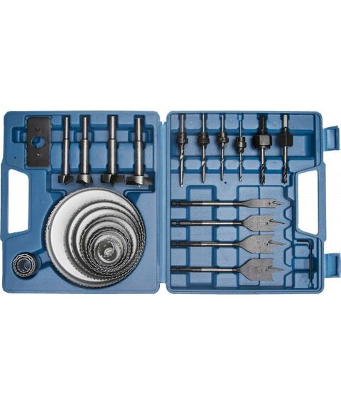 Буры, пики, коронки, сверла: Набор коронок по дереву и сверл Зубр 29555-H28 28 предметов фотографии