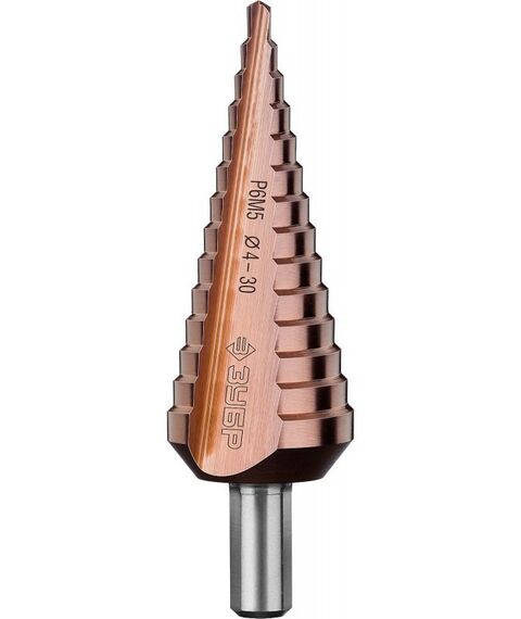 Буры, пики, коронки, сверла: Сверло ступенчатое Зубр 29672-4-30-14 КОБАЛЬТ 4-30мм, 14 ступеней, кобальтовое покрытие фотографии