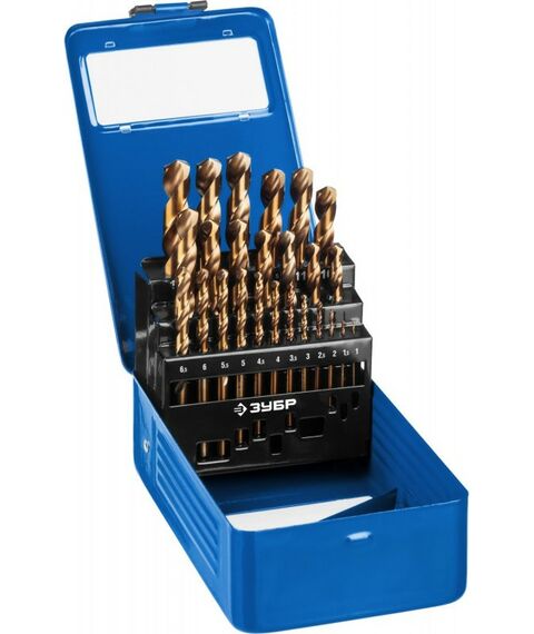Буры, пики, коронки, сверла: Набор сверл по металлу Зубр КОБАЛЬТ 25шт(1-13мм) сталь Р6М5К5, класс А, металлический бокс [29626-H25] фотографии