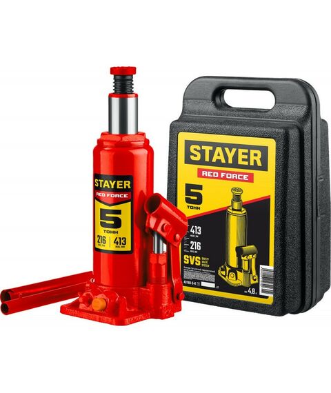 Домкраты: Домкрат бутылочный гидравлический в кейсе STAYER RED FORCE 5т 216-413мм [43160-5-K_z01] фотографии