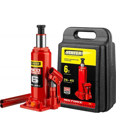 Домкраты: Домкрат бутылочный гидравлический STAYER RED FORCE 6т 216-413мм в кейсе [43160-6-K_z01] фотографии