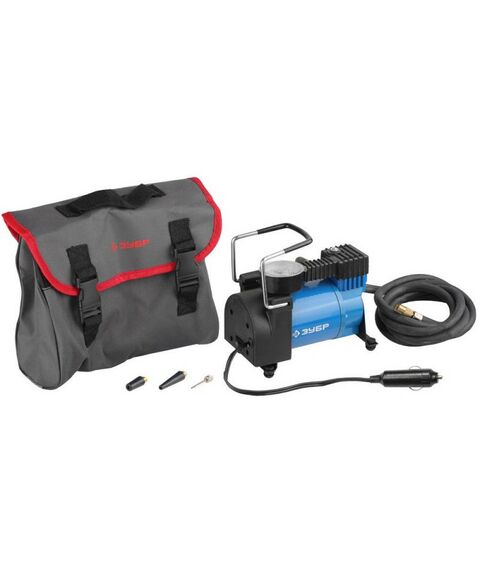 Компрессоры автомобильные: Компрессор автомобильный Зубр ЭКСПЕРТ 61127 давление 10 атм, длина провода 3 м, длина шланга 2 м, 3 насадки фотографии