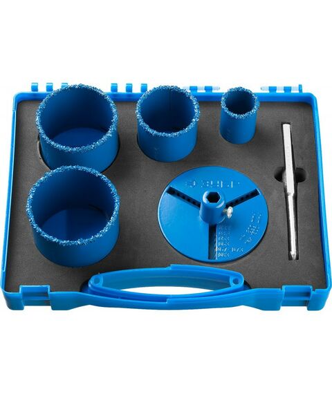 Буры, пики, коронки, сверла: Набор кольцевых коронок Зубр Профессионал 33350-H6 c карбид-вольфрамовым нанесением, 6 предм. в кейсе: коронки d 33, 53, 67, 73 мм, основание, сверло фотографии