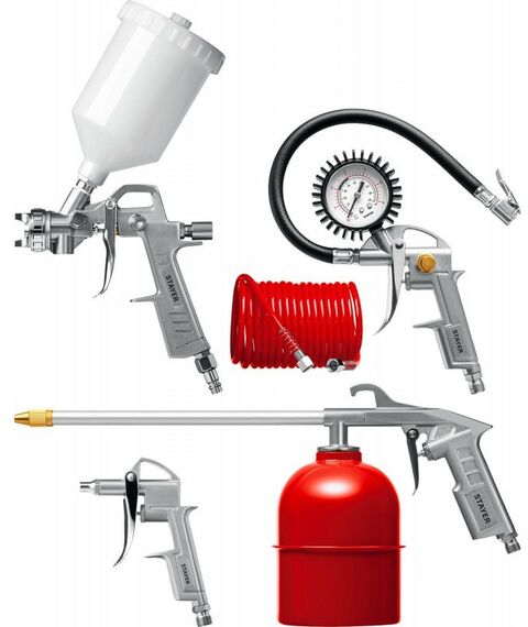 Пневмокраскопульты: Набор пневматический универсальный STAYER 06488-H5 краскораспылитель с верхним бачком, пистолеты, пневмошланг, 5 предметов фотографии