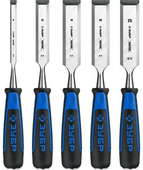 Столярно-слесарный инструмент: Набор стамесок-долот с двухкомпонентной рукотяткой Зубр Ударник 18097-H5 5 шт фотографии