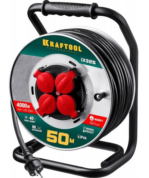 Удлинители электрические: Силовой удлинитель на стальной катушке KRAFTOOL K-325 КГ 3х2.5 50м 4000Вт IP44 [55086-50] фотографии