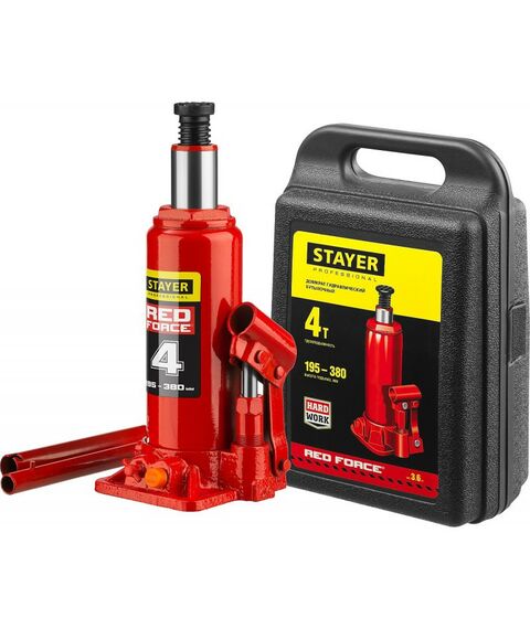Домкраты: Домкрат бутылочный гидравлический STAYER RED FORCE 4т 195-380мм в кейсе [43160-4-K] фотографии