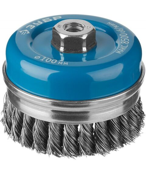 Шлифовка, зачистка: Щетка чашечная усиленная для УШМ Зубр Профессионал 100ммхМ14 плетеные пучки стальной проволоки 0.5мм [3527-100] фотографии