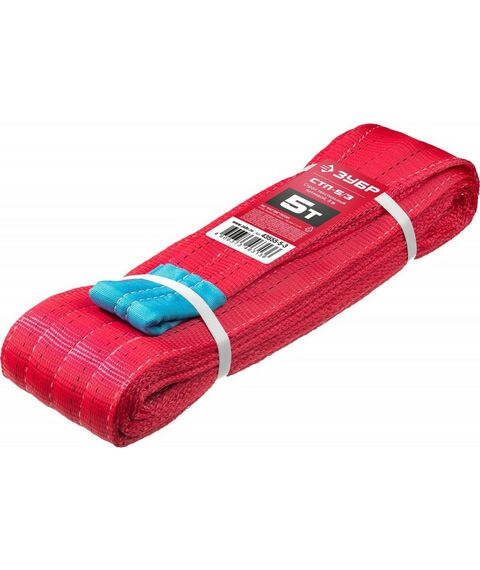 Лебедки, тали, тельферы: Текстильный петлевой строп Зубр СТП-5/3 красный, г/п 5 т, длина 3 м [43555-5-3] фотографии