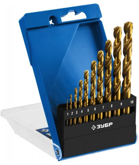 Буры, пики, коронки, сверла: Набор сверл по металлу Зубр ТИТАН 29615-H10 10шт(1-10мм), сталь Р6М5, класс А, титановое покрытие фотографии